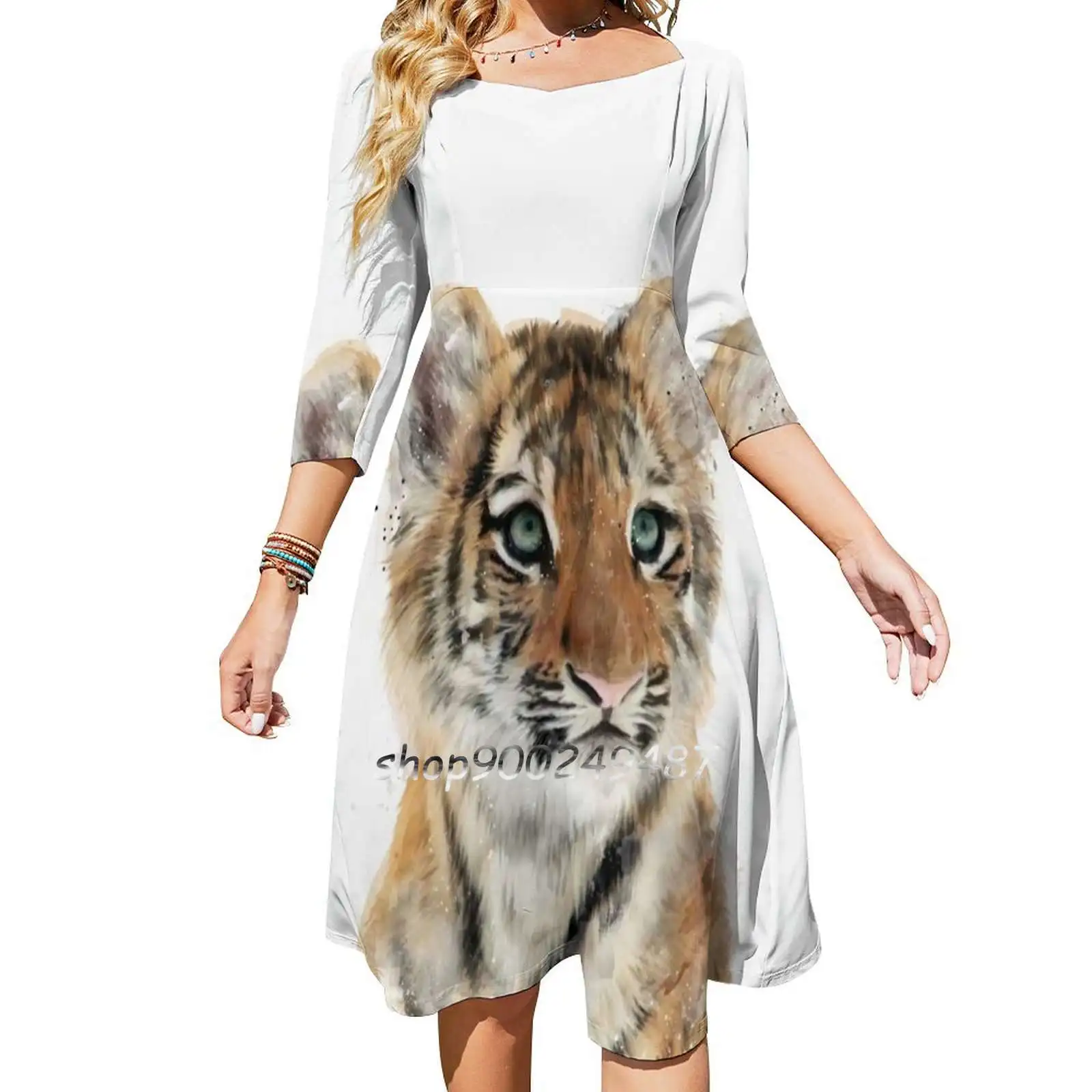 Little Tiger Women Casual High Waist Mini Dress Short and Long Sleeve Dresses Fashion Dress Tiger Tigers Baby Cute Portrait