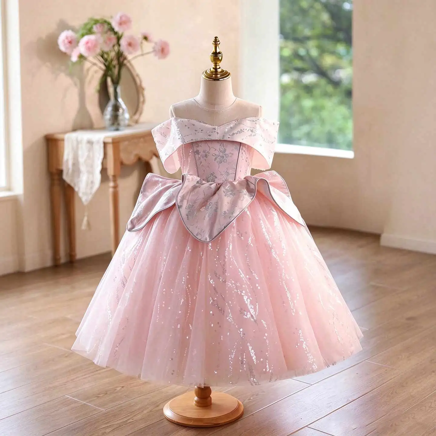 Jill Wish J631 Pink Off Shoulder Girls Princess Gown, Sequin Embroidery with Oversized Bow Sparkly Tulle Dress for Birthday