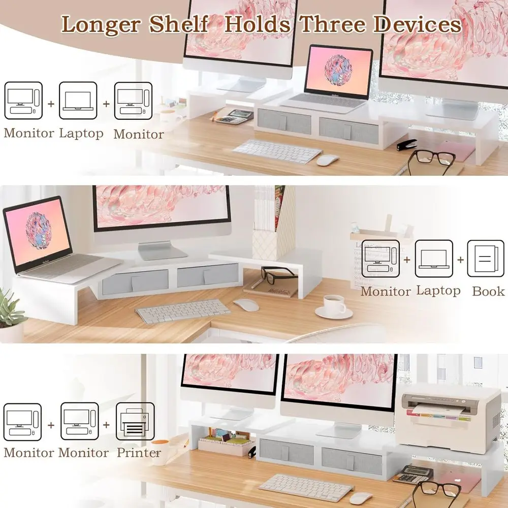 Adjustable Dual Monitor Stand - White Desk Organizer with Storage for Large Computers, Monitors, or Laptops