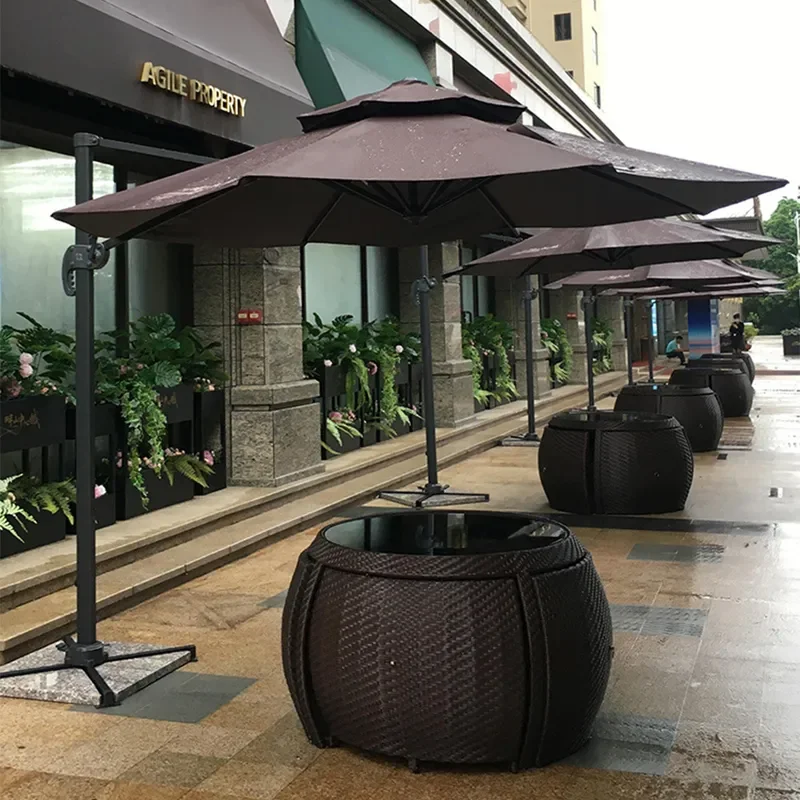 Outdoor Rattan Table and Chair Set with Umbrella Waterproof Sunscreen Patio Garden Villa Courtyard Leisure Furniture
