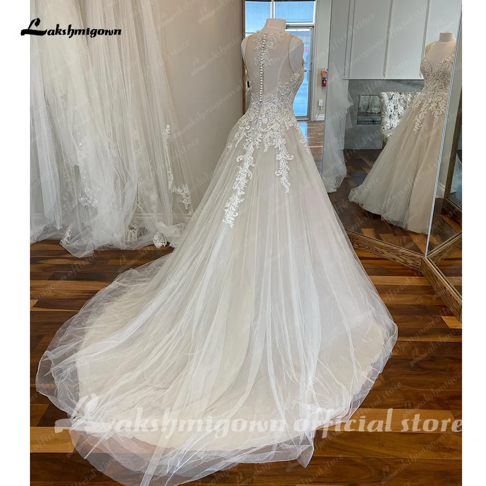 Lakshmigown Beading Champagne Wedding Gowns For Women 2024 Vestidos Sexy Bridal Beach Wedding Dresses V Neck Court Train