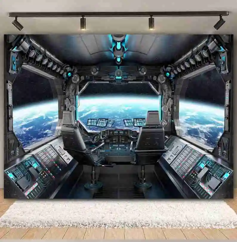 Starry Sky Universe Space Capsule Backdrop Spaceship Planet Solar System Earth Baby Birthday Photography Background Photozone