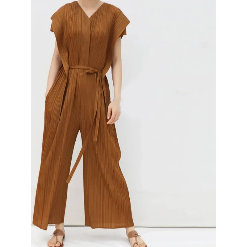 GGHK Miyake Jumpsuit lipit wanita, Jumpsuit warna Solid leher V lengan pendek desain perban kasual Retro longgar ukuran besar