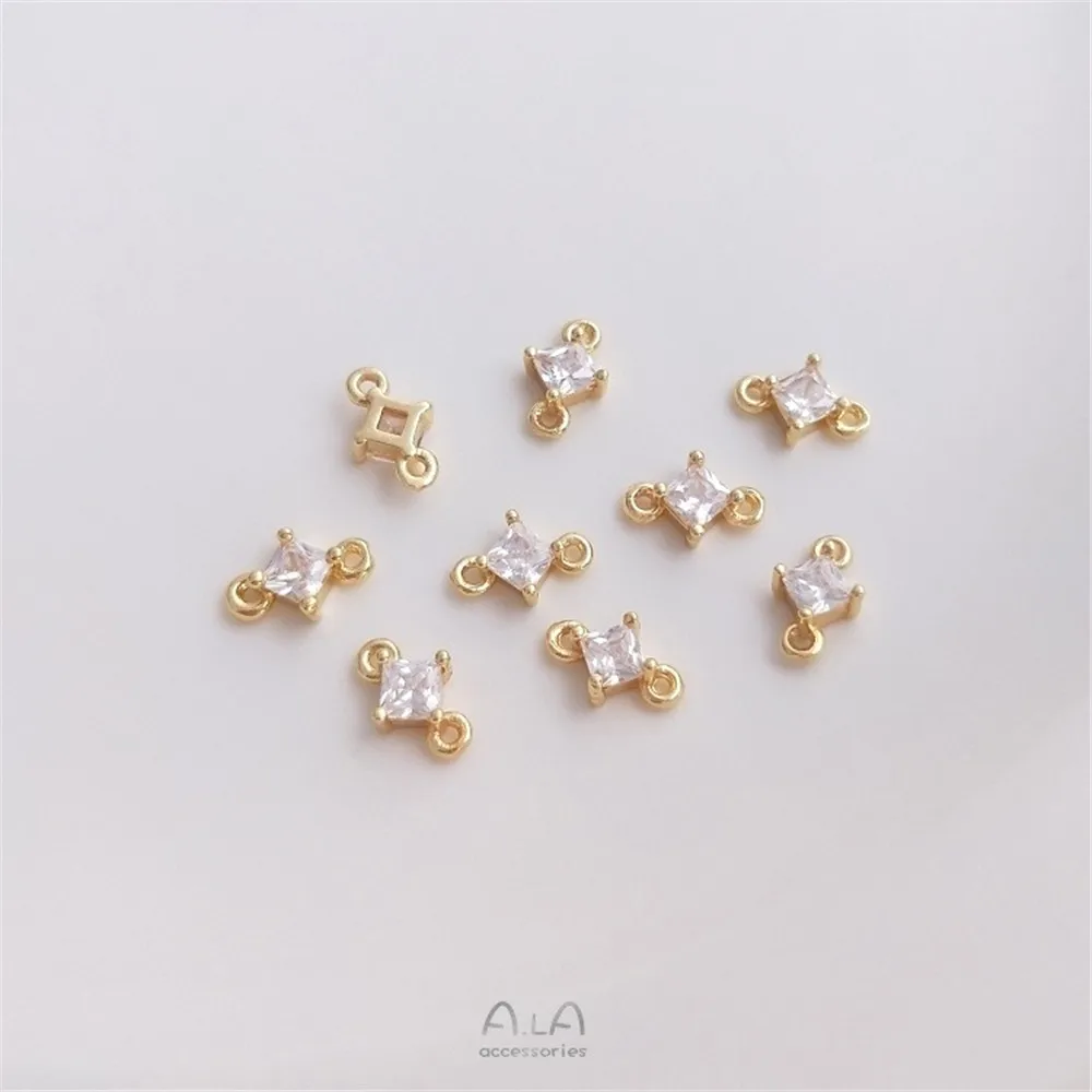 14K Goldfarbe eingelegter Edelstein, blauer Zirkon, Smaragd, Zirkon, quadratisch, doppelt hängendes Zubehör, handgefertigte DIY-Schmuckmaterialien