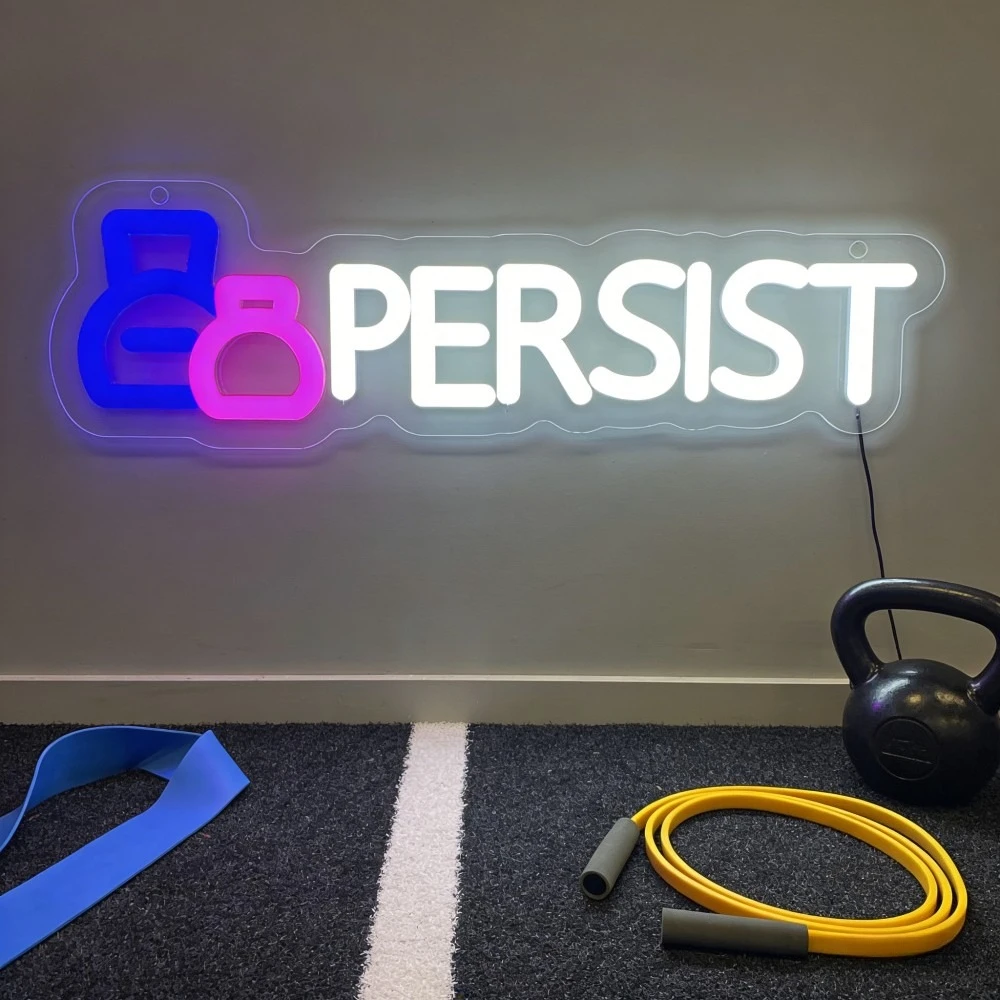 

﻿ Неоновая вывеска PERSIST с USB-питанием, регулируемая светодиодная неоновая подсветка для спортзалов, фитнес-центров, баров, мужских уголков, вечеринок, декора стен