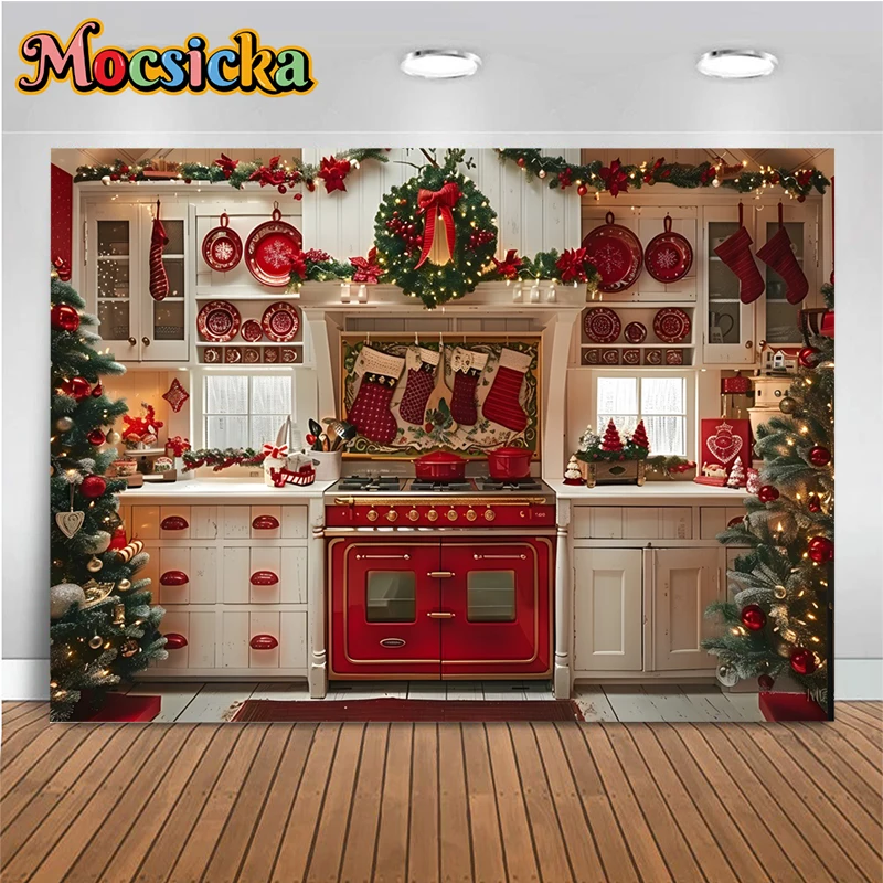 Christmas Kitchen Photo Background Baby Red Sock Green Restaurant Christmas Tree Big Backdrop Stand Decoration Fond Photo Studio