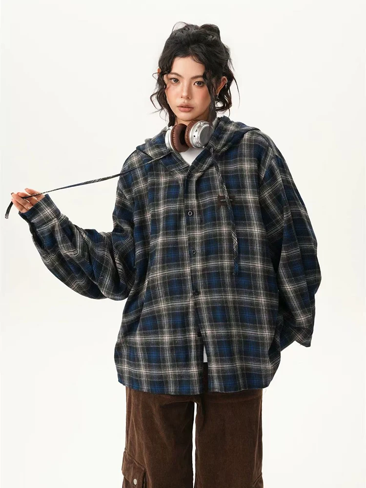 

Vintage Plaid Shirts Women Autumn Long Sleeve American Loose Drawstring Hooded Blouses Female Streetwear Casual Button Tops