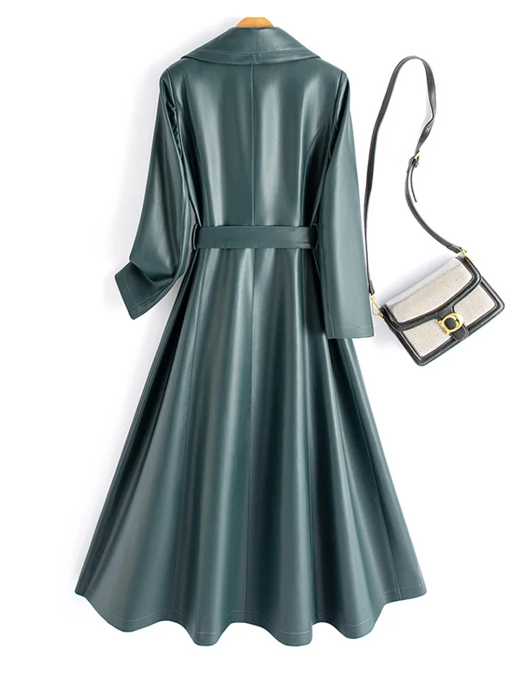 New Women Split Leather Coat Spring Autumn Fashion Large Lapel Slim Waist With Belt Long Trench Elegant Leather Coat Female