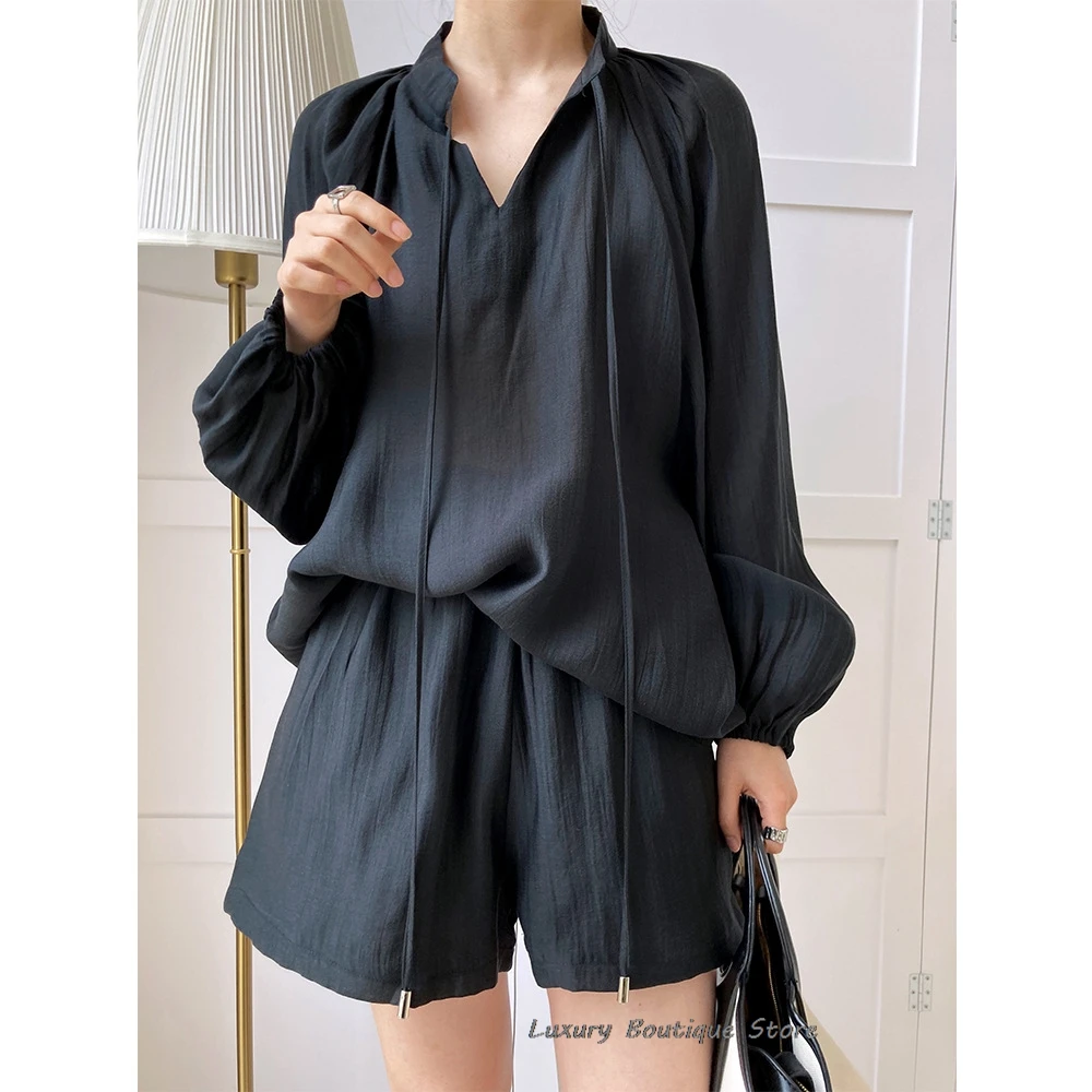 Elegant Long Sleeve Blouses Set Of Two Fashion Pieces For Women Summer Solid Color Shorts Sets Casual Loose Suits With Shorts