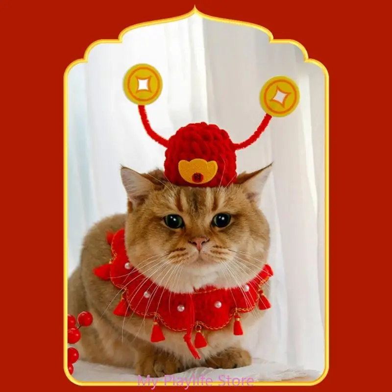 Festive Cat Hat The-God-of-Wealth Costume Chinese New Year Photo Props Accessories Pet Headwear Adjustable Cap for Cosplay