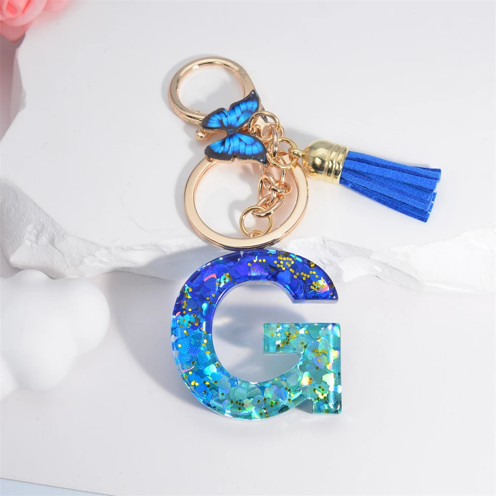 Schlüsselanhänger mit 26 englischen Alphabet-Buchstaben, Quasten, Kristall, Acryl, Schmetterling, Anhänger, Schlüsselanhänger, Geschenk, Modeschmuck, Accessoires