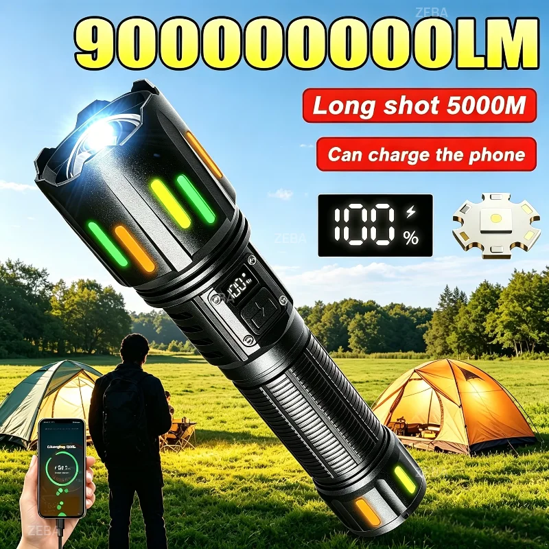 900000000LM High Bright Rechargeable Flashlight 5000M Long Shot Zoomable Waterproof Tactical Torch For Outdoor Camping Fishing