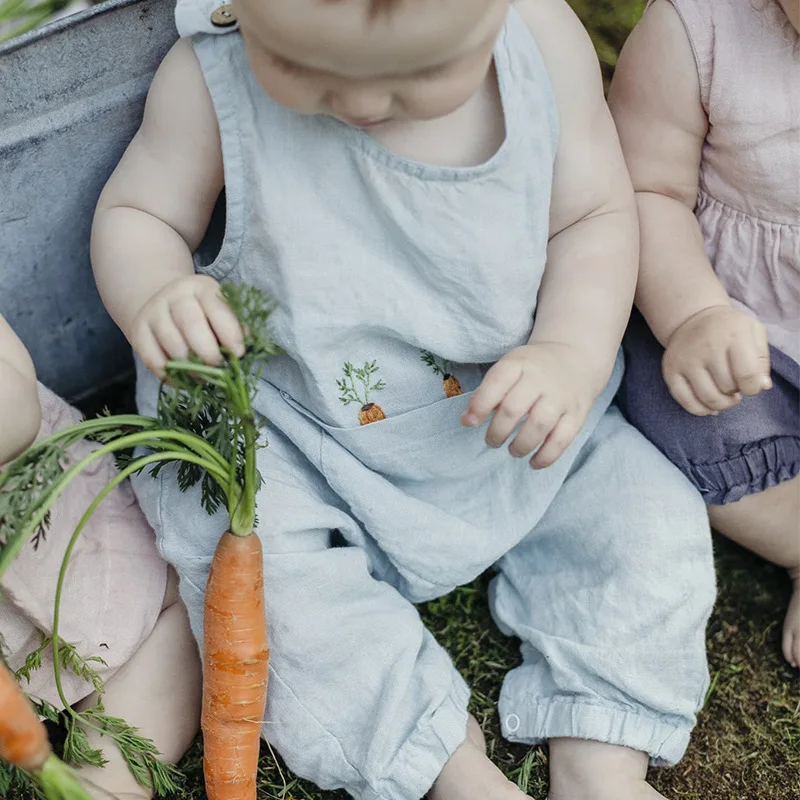 ทารกและเด็กวัยหัดเดินผ้าฝ้ายและผ้าลินินปัก Onesie ฤดูร้อนเด็กทารกและผู้หญิงเสื้อผ้าคลานเบาและระบายอากาศได้