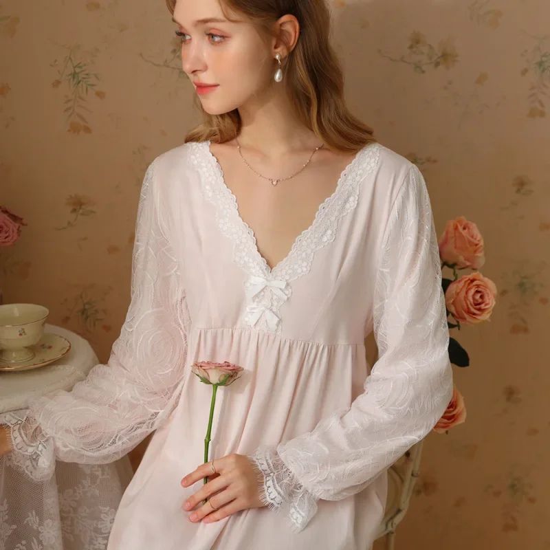 

Spring Autumn Sweet Cotton Nightdress Princess Sleepwear Fairy Women V Neck Night Dress Sexy Lace Long Solid Color Nightgown