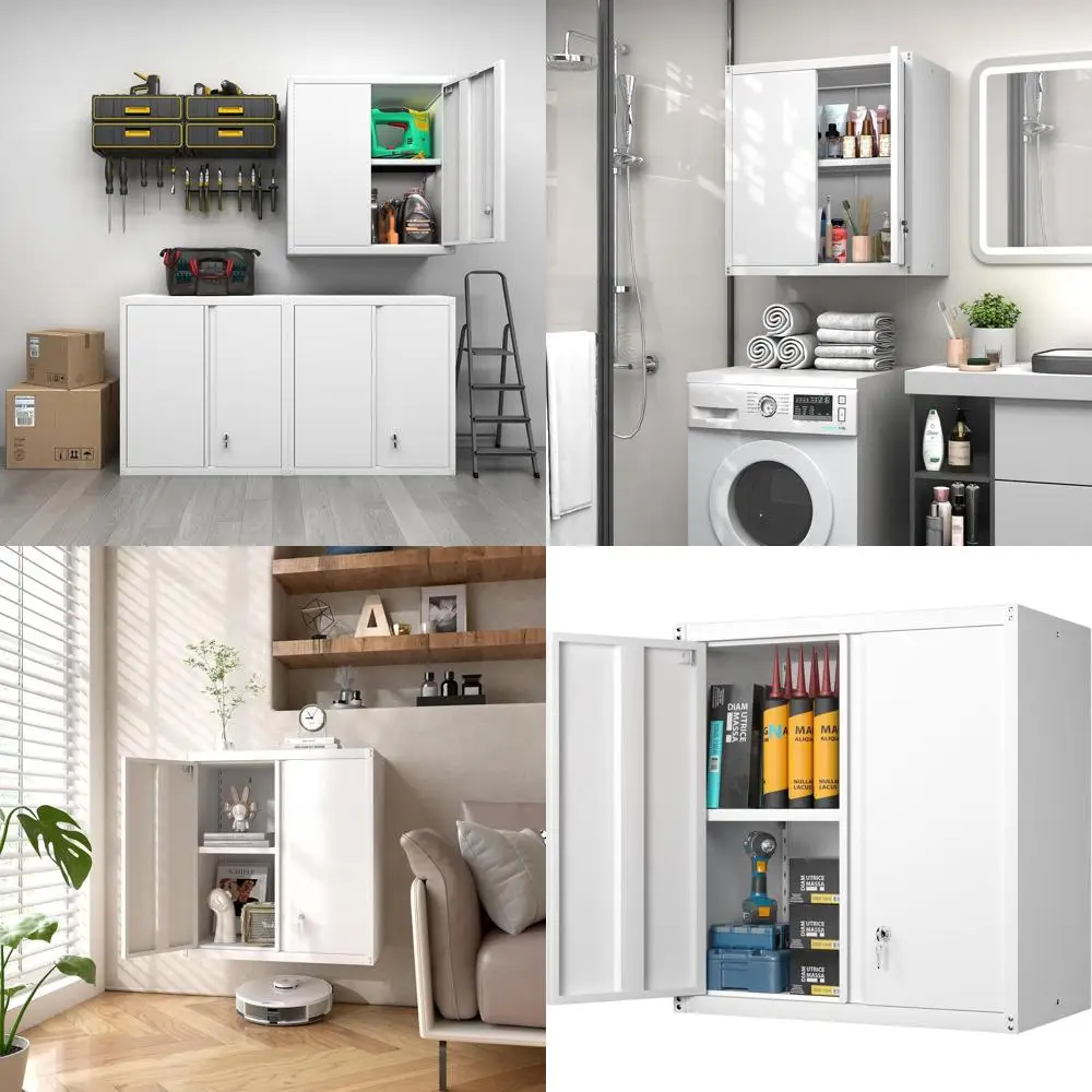 

Белый настенный шкаф с замком для гаража, кладовой — с дверцей и регулируемой полкой