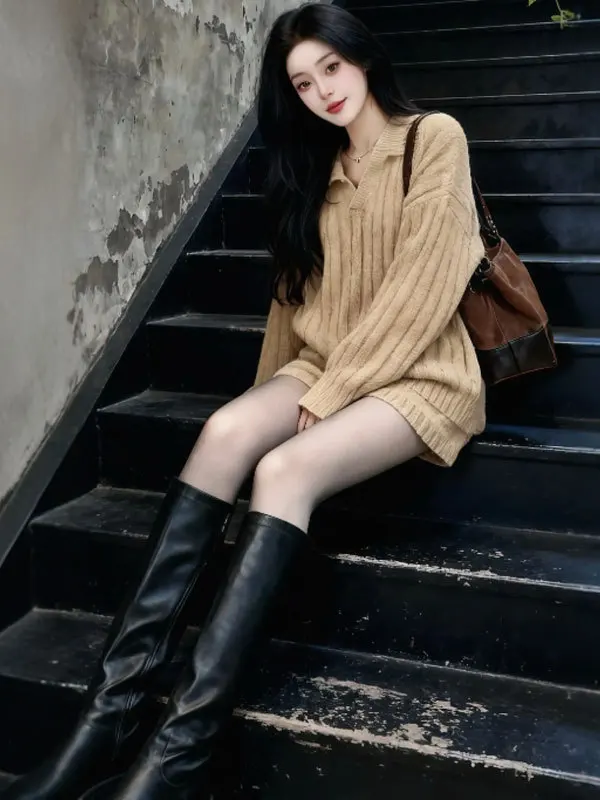 

Корейский модный зимний комплект: уникальный свитер и шорты для женщин, удобный, с V-образным вырезом, длинными рукавами, из хлопка, со средней талией