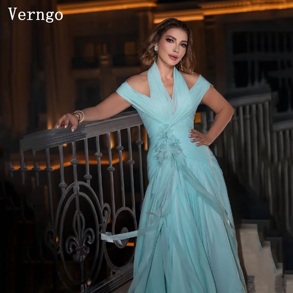 Verngo Mint Green Chiffon Evening Dress Halter Sleeveless Mermaid Silk Pleated Party Dress Flowry Wedding Guest Dress Customized