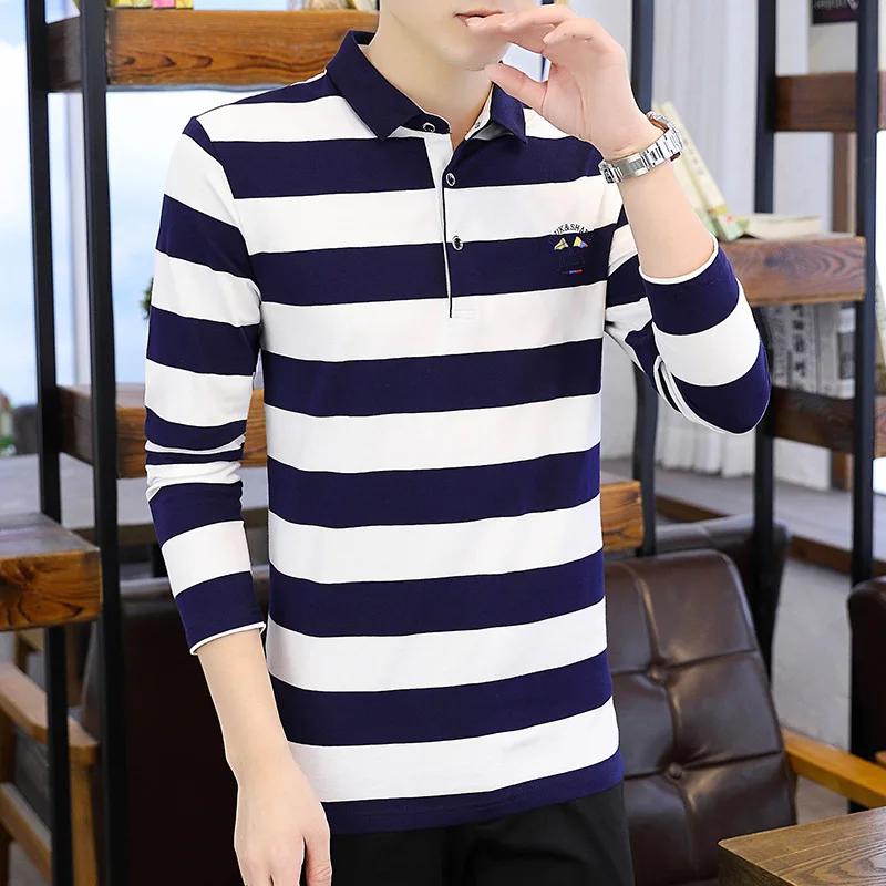Spring Autumn Turn-down Collar Contrast Color Men\'s Clothing Button Striped Long Sleeved Pullover T-shirt Comfortable Tops