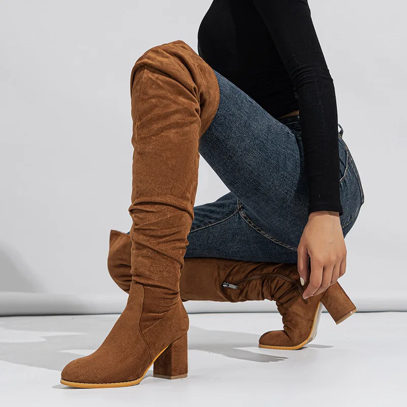 Women's Autumn Boots Over-the-Knee Sewing Flock 7.5CM Square High Heels Street T Station Mature Women Shoes Light Brown