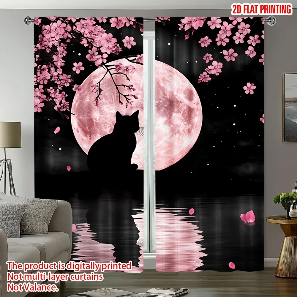 2 Panels Pink Moon Cat Curtains, Sakura & Starry Night Print, Dreamy Fantasy Scenery Drapes for Bedroom Living Room Decor