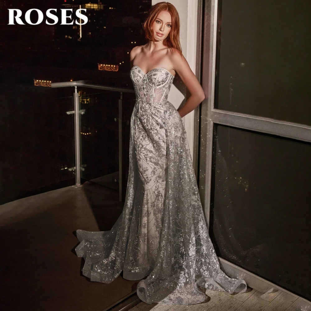 ROSES Rose Gold Elegant Prom Dresses Sweetheart Hollow Backless Prom Gown Shiny Lace Applique Formal Gown for Woman Customized