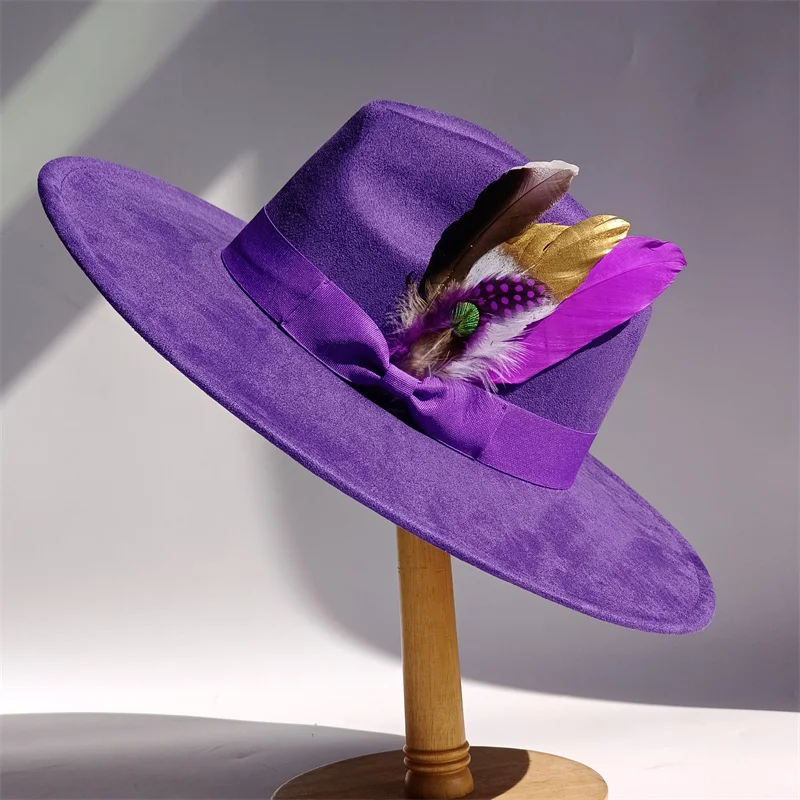 الأرجواني الريش الجلد المدبوغ أفضل قبعة 9.5 سنتيمتر واسعة حافة فيدورا قبعة الرجال النساء الخريف الشتاء ورأى الجاز القبعات الكلاسيكية الكنيسة فيدورا سمبريرو #3