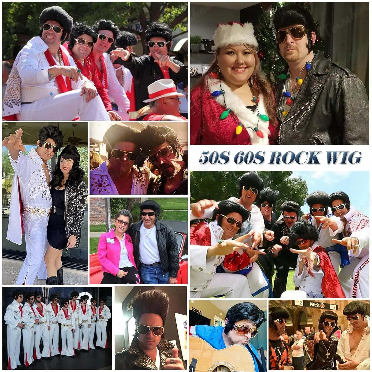 Synthetic 50s Mens Disco Rock Wig+Glasses+Necklace Singer Funny Black Wigs for Cosplay Halloween Party,Elvis Presley Costume Wig