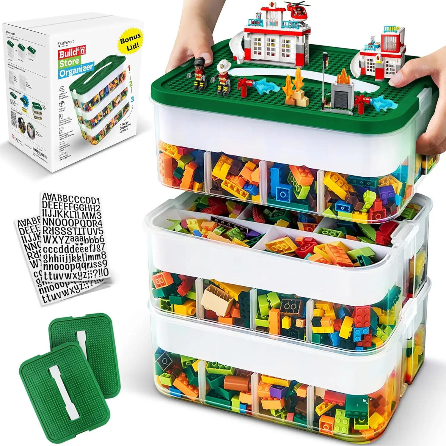 Building Bricks, Dolls and Crafts Organization, 3 Layers with Adjustable Compartments,ABC Stickers and 2 Lids Included