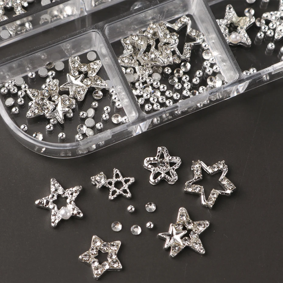 6-Gürtel, goldene, silbrige Metallschleife, Knoten und Stern, Nageldekoration, niedliche Schleife, Punk-Stern mit kleinem Stahlkugel-Design, DIY-Nageldekoration – Detail 6