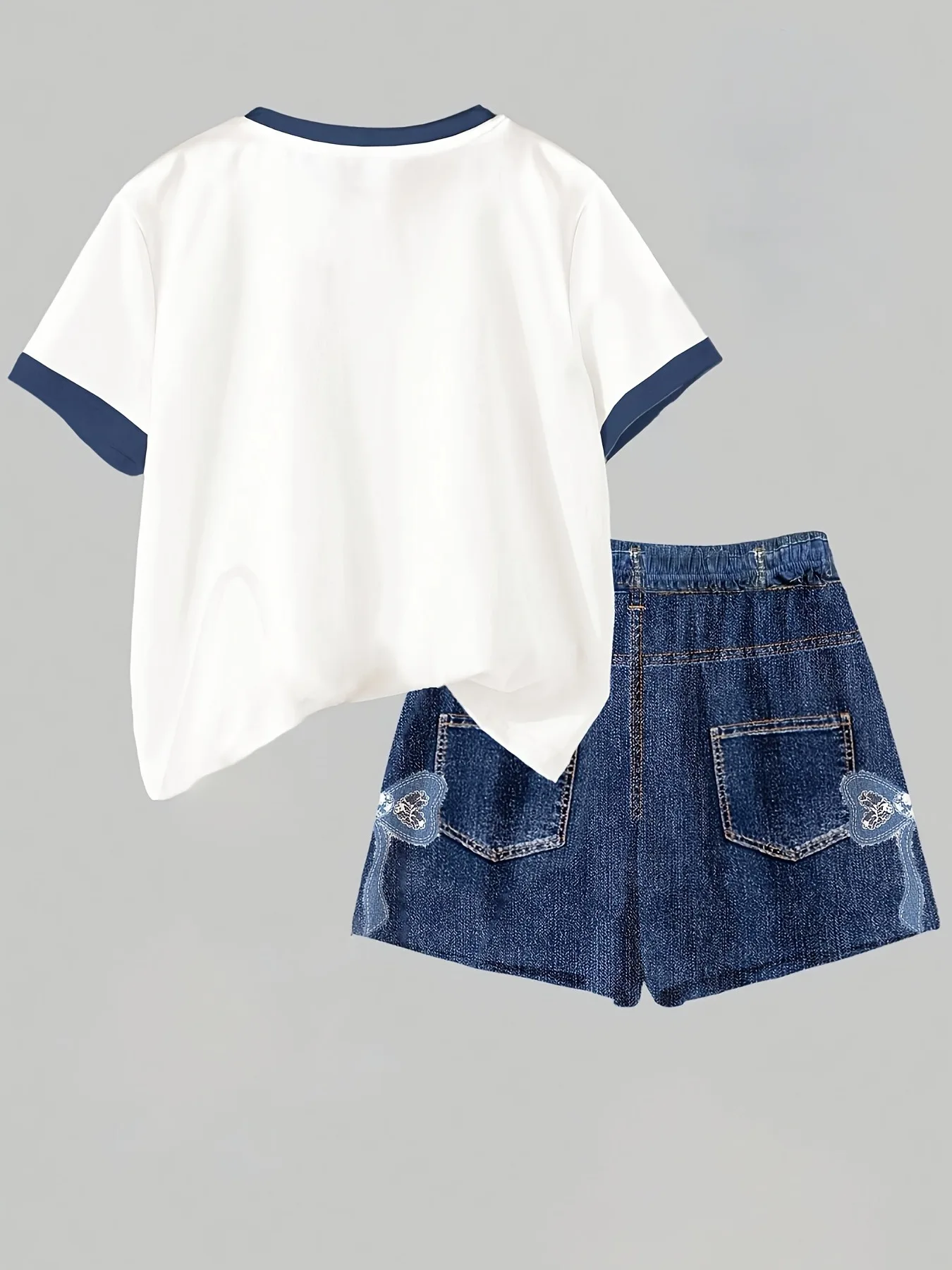 Breathable Kids Girls Two Piece Summer Suit, Large Bow Pattern Color Block T-shirt & Imitation Denim Print Shorts for School Wea