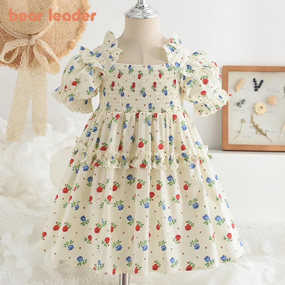 Bear Leader Girls Summer Floral Dress with Lace Ruffles Princess Birthday Dresses Children Clothing Casual Kids Clothes Vestidos