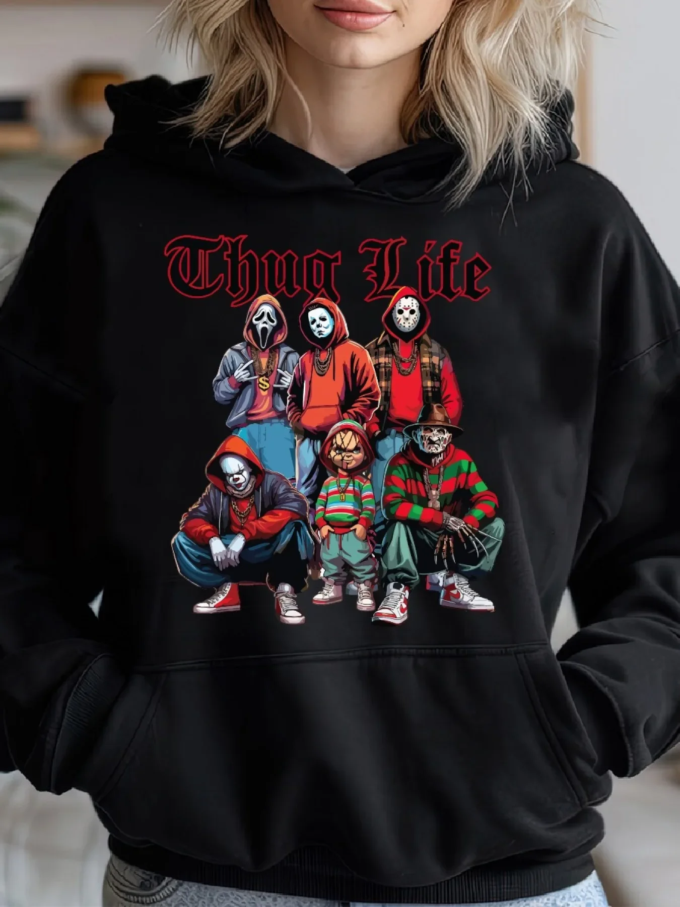 Thug Life Horror Movie Characters, Vintage Scary Movies Cozy Classic Print Pullover Hoodie, Casual Long Sleeve Hoodie For Sprots