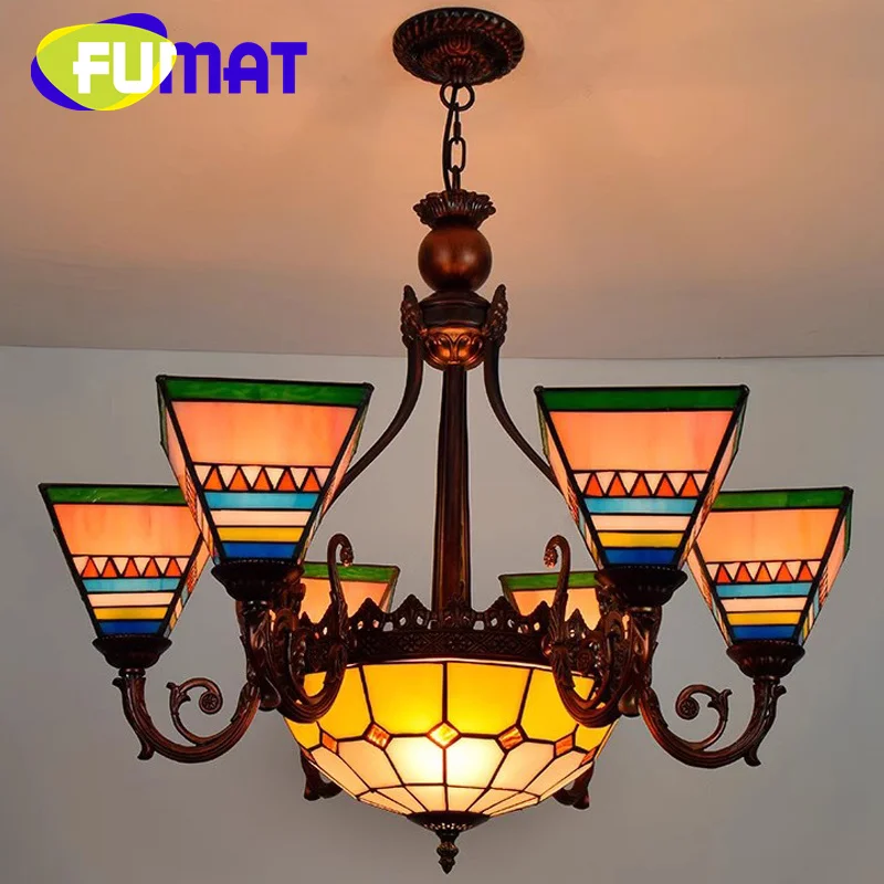 FUMAT Tiffany style simple stained glass pyramid multi-head chandelier Pendant lamp living room Restaurant hotel LED decor