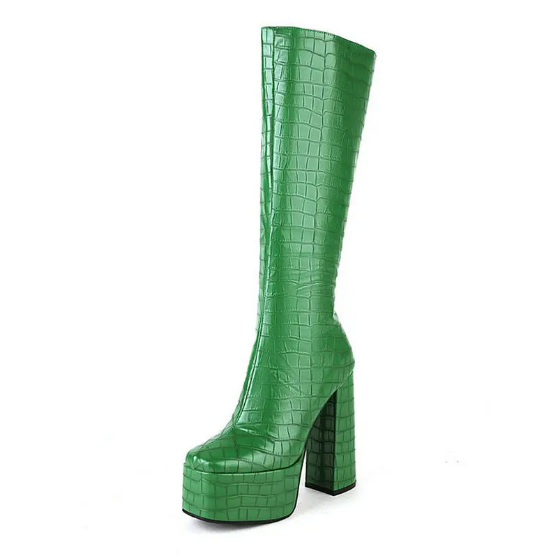 Green White Brown Women Knee High Boots Platform Thick High Heel Ladies Calf Boots Faux Leather Square Toe Zipper Dress Shoes