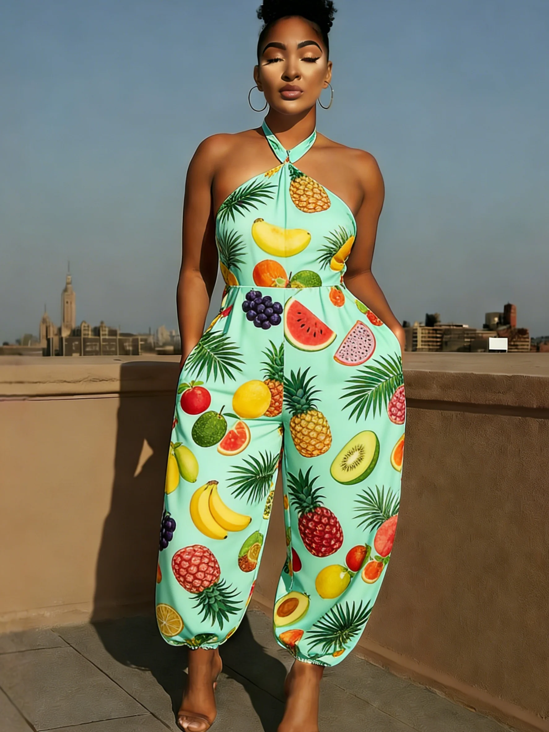 

Women's Summer Tropical Fruit Print Halter Jumpsuit Sleeveless Backless High Waist Loose Outfit for Beach Holiday Vacation