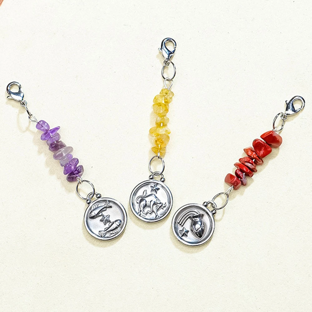 12 Zodiac Signs Charm Natural Stone Crystal Pendant Keychain Astrology Charm for Keys Phones Handbag Women Jewelry Accessory