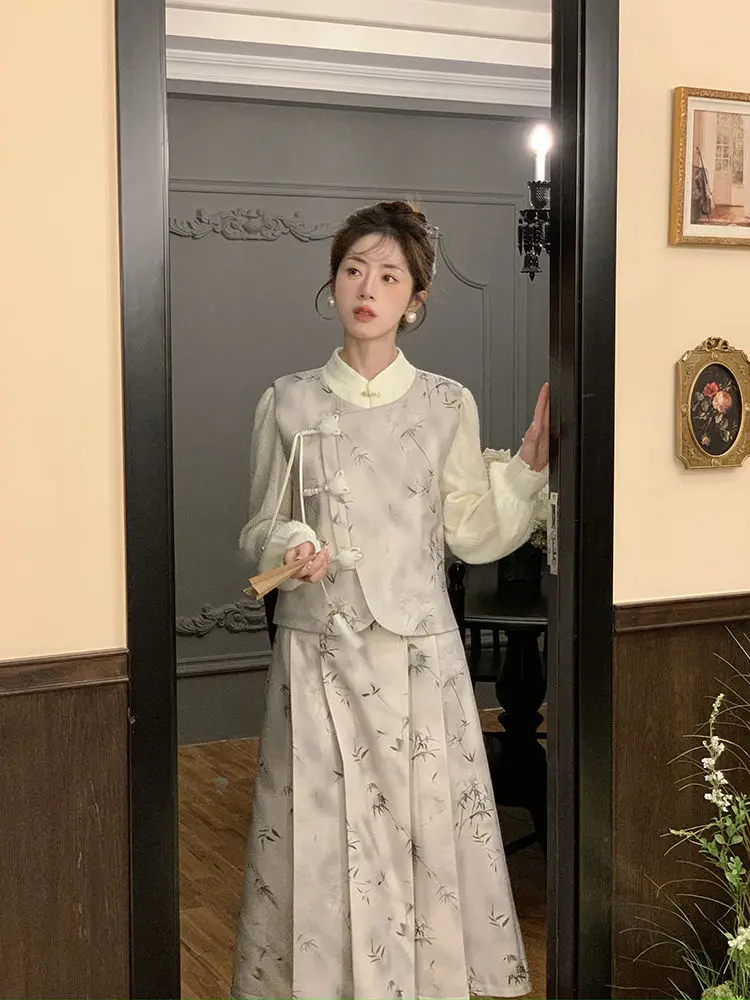 Korean 3 Pieces Sets For Women Vintage Long Sleeves Shirts With Printing A-line Skirt Female Elegant Clothing 2024 New
