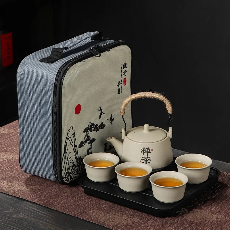 Chinese Kung Fu Travel Set,Outdoor Travel Tea Set,Lifting Pot Travel Tea Set Outdoor Portable Storage Bag 1 Pot 4 Cups