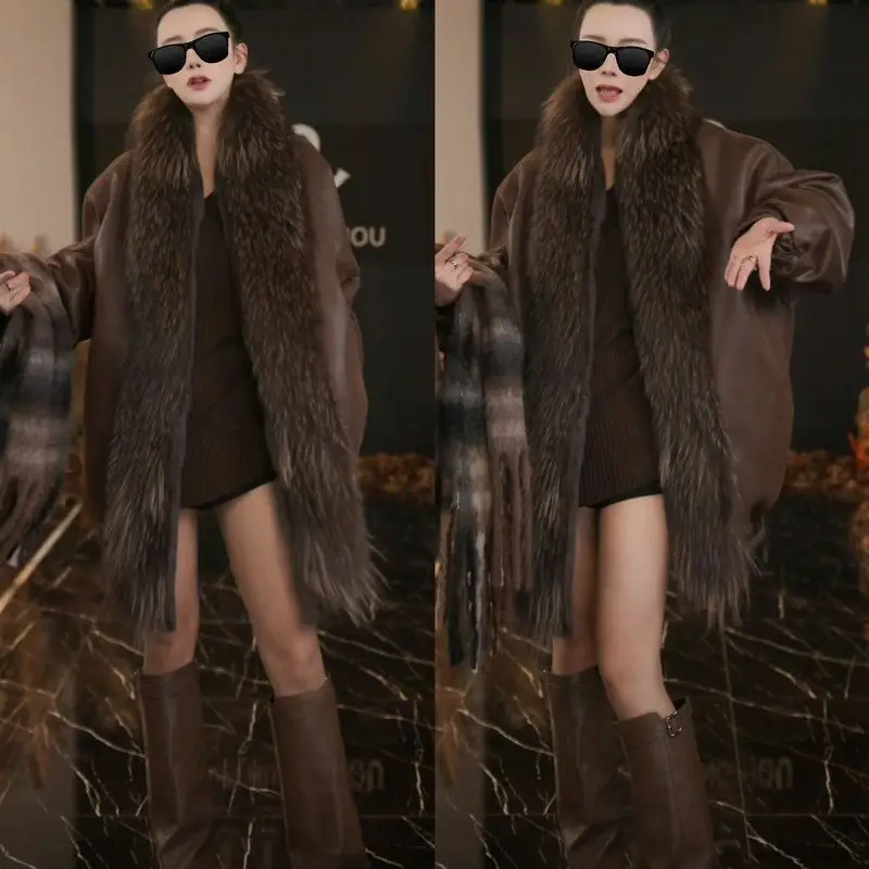 

Faionable Thiened Large Fur Collar Leather Jaet Women's Mid-Length Loose Warm Double-Sided Wear PU Leather Coat