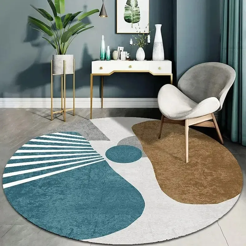 Minimalist Abstract Art Round Carpet Teal Brown Grey Irregular Color‑Block Curve Stripe Circular Floor Rug for Living Room