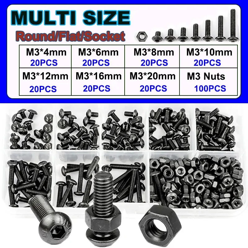 

240Pcs M3 Hexagon Hex Socket Screw Set Carbon Steel Flat Round Cap Head Metric Allen Screws Bolts and Nuts Assortment Kit Vis