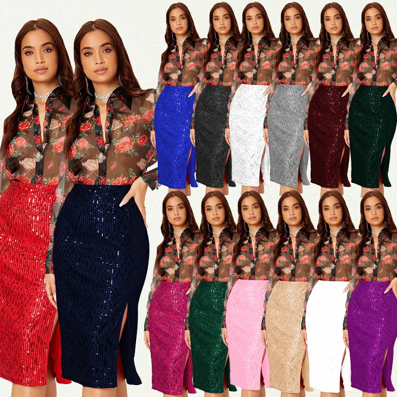 Ins Women.'s Skirt Lady Cloth Summary Collection: Slim-fit Slit, Sequined Skirt For Women. Femme Robe Boho Outfits