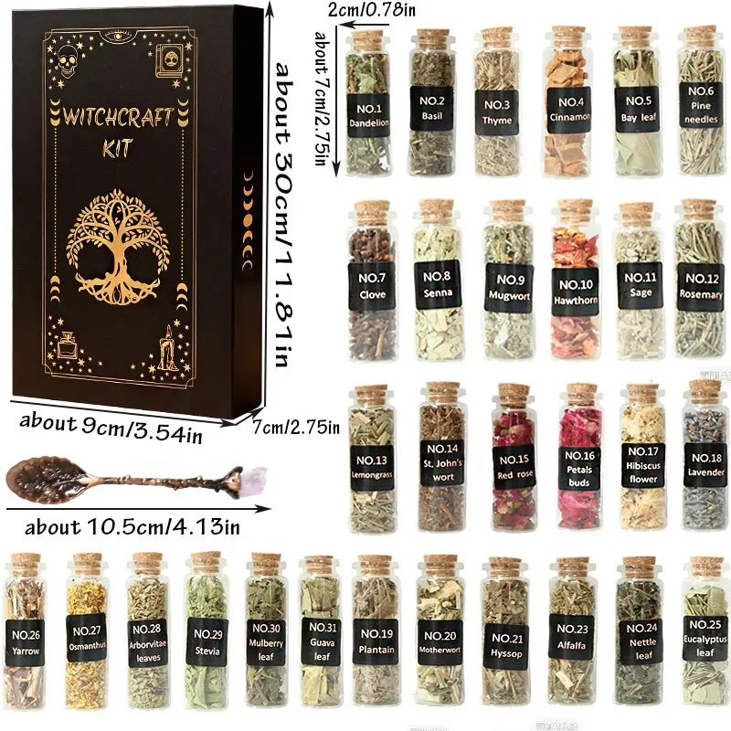 Witchcraft Supplies Herbs Mystic Gothic Wiccan Altar Supplies Gold Pentagram Black Box Glass Bottles Natural Healing Dried Herbs