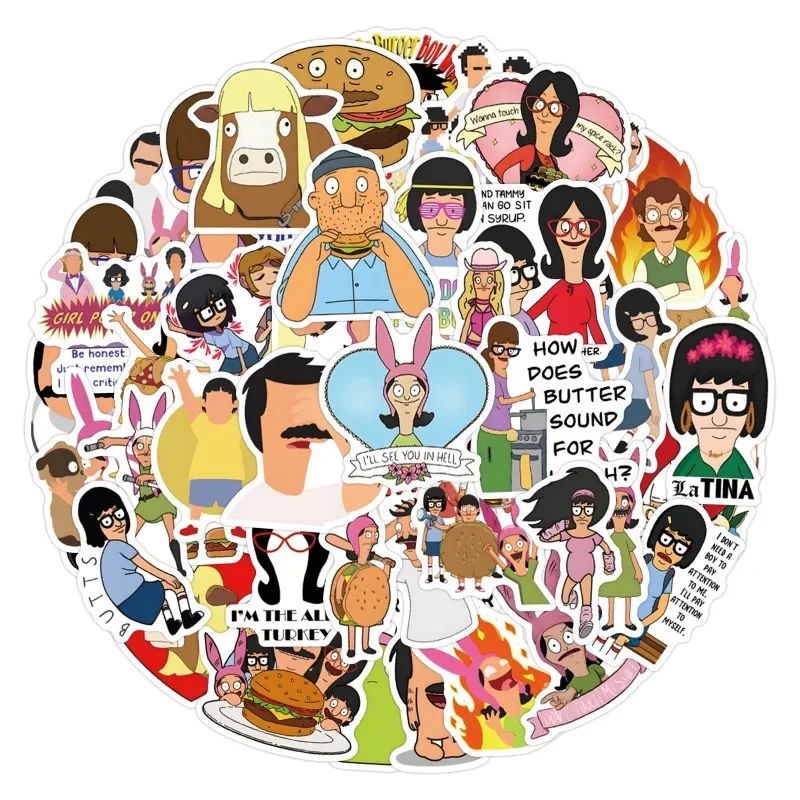 55pcs Cartoon Bobs Burgers Graffiti Stickers Luggage Water Cup Laptop Manual Decorative Stickers