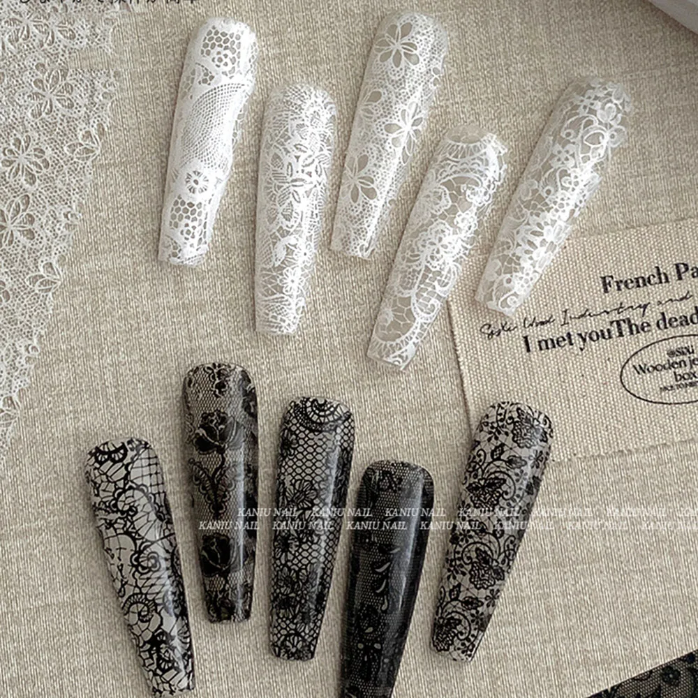 10 Rollen 2,5 * 50 cm Sexy Spitze Nagelfolien Schwarz Weiß Transferpapier Nail Art Aufkleber Streifen Spitze Maniküre Abziehbilder Nageldekorationen – Detail 5