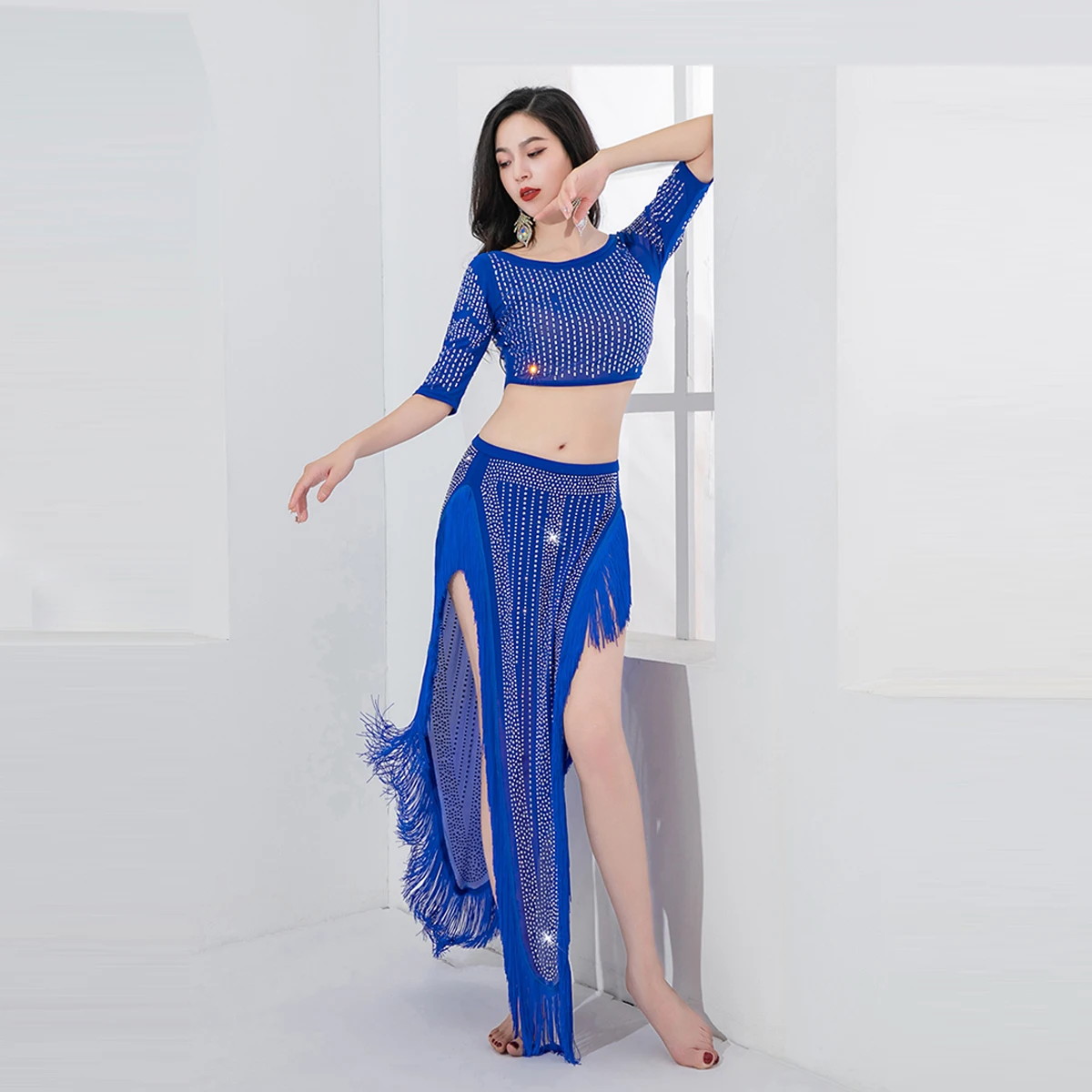 Belly Dance Professional Costumes Set Female Shining Performance Clothing Short Sleeves Top+long Skirt 2pcs Oriental Dance Wear