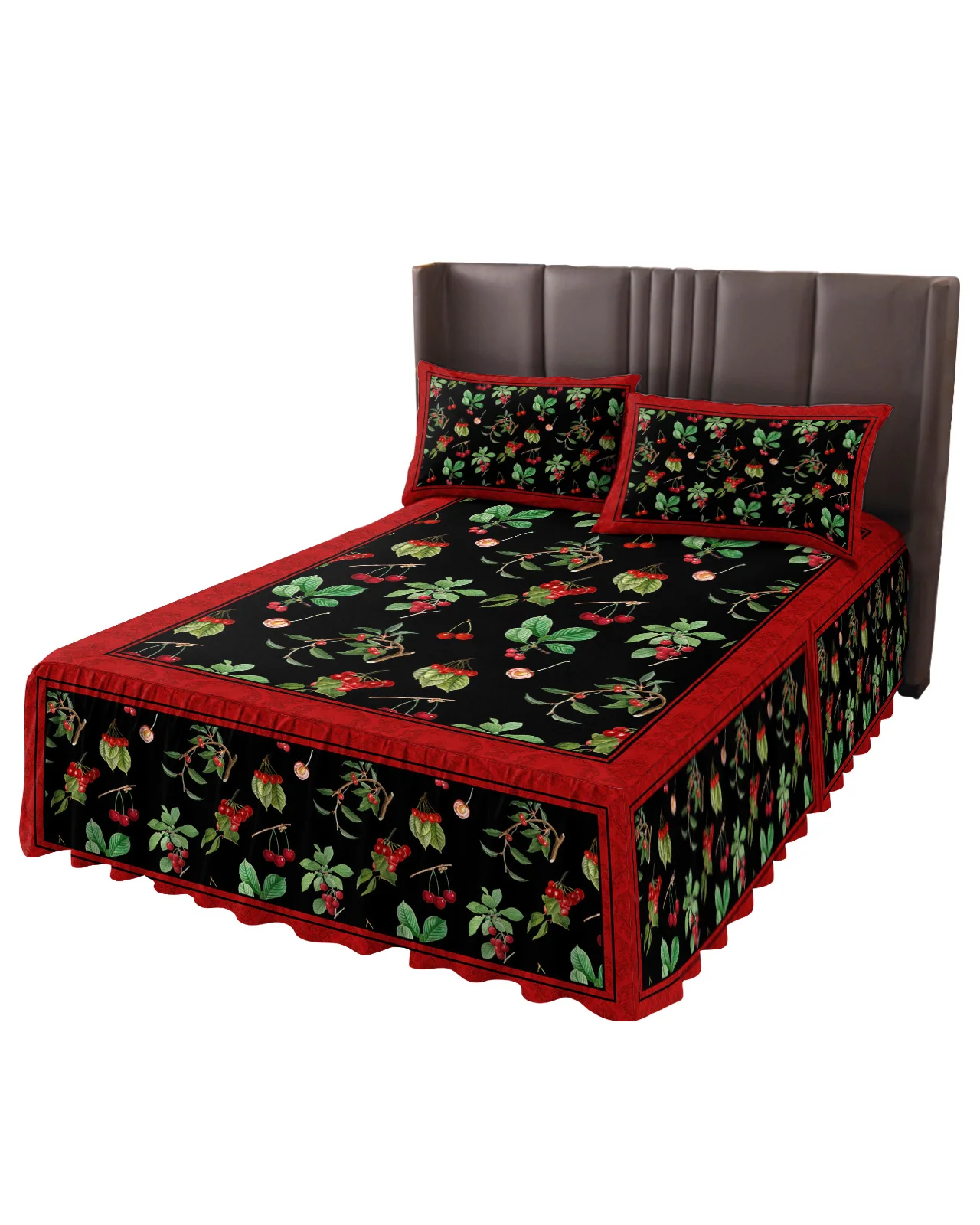 Vintage Plant Fruit Cherry Bed Skirt Elastic Fitted Bedspread With Pillowcases Mattress Cover Bedding Set Bed Sheet