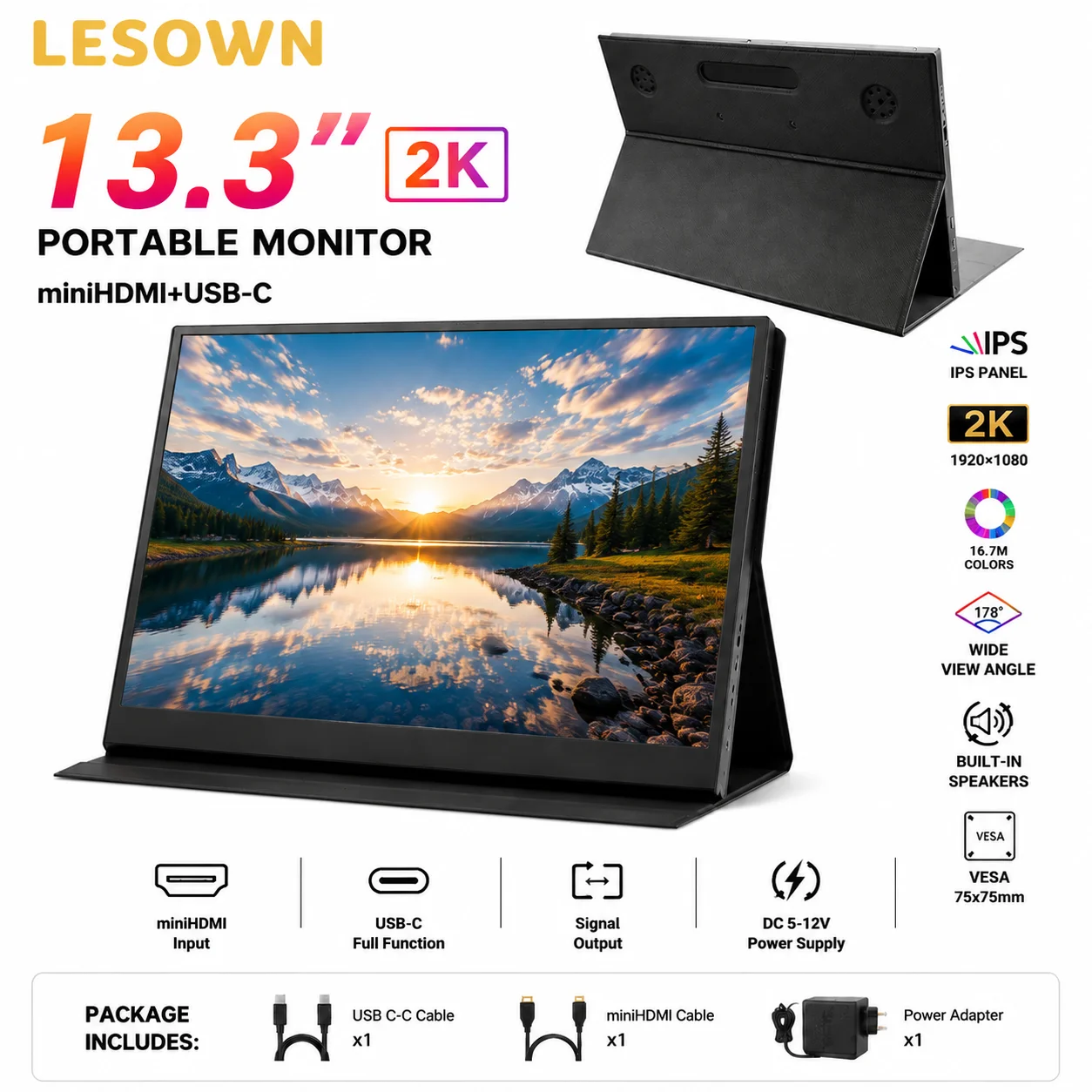 

LESOWN 13.3 Inch 2K Portable Monitor IPS Travel Screen Driver-free External Display with Speakers for Laptop