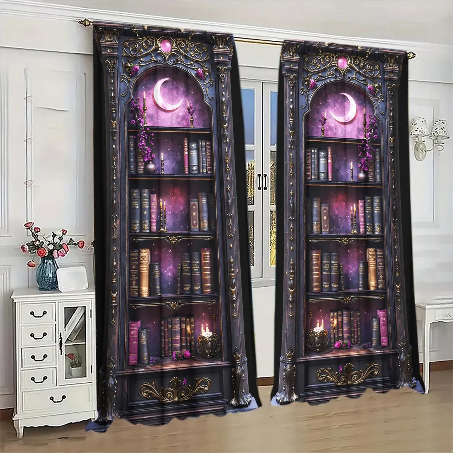 2 Pieces Vintage Gothic Bookcase Printed Curtain - Artistic Home Decoration Curtains, All Season Decorative Curtains
