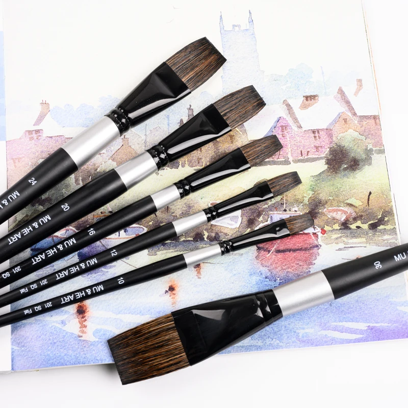 Yellow Squirrel Hair Flat Wash Brush for Watercolor Gouache Gradient Painting Tool Ideal for Manga Chinese & Japanese Stylized A